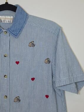 Vintage Casey & Max Shirt Womens Medium Blue Heart Cats Embroidered Kittens 90s